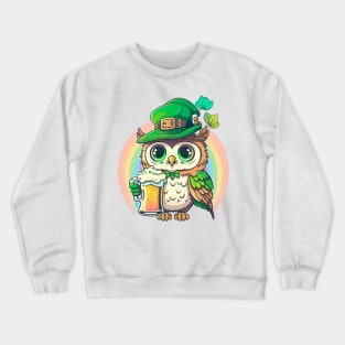 Saint Patrick's day owl holding a beer with PRIDE colors :) Crewneck Sweatshirt